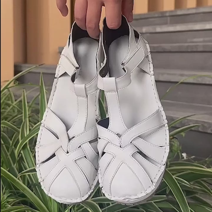 Sandales Gladiateur en Cuir Tressé Fait Main à Bout Fermé en Noir/Blanc
