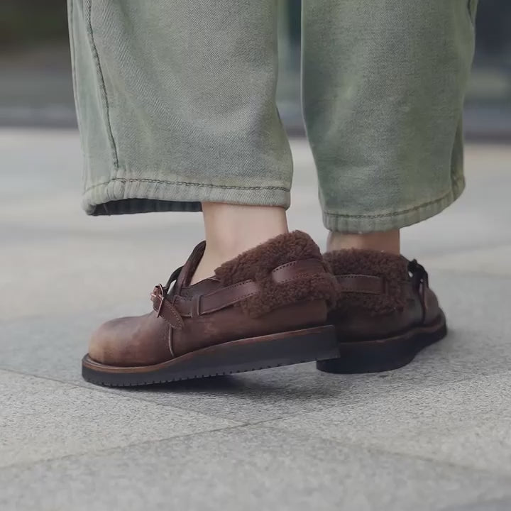 Mocassins plats en cuir pleine fleur faits main pour femmes en Moyen Anglais - Café/Gris Foncé