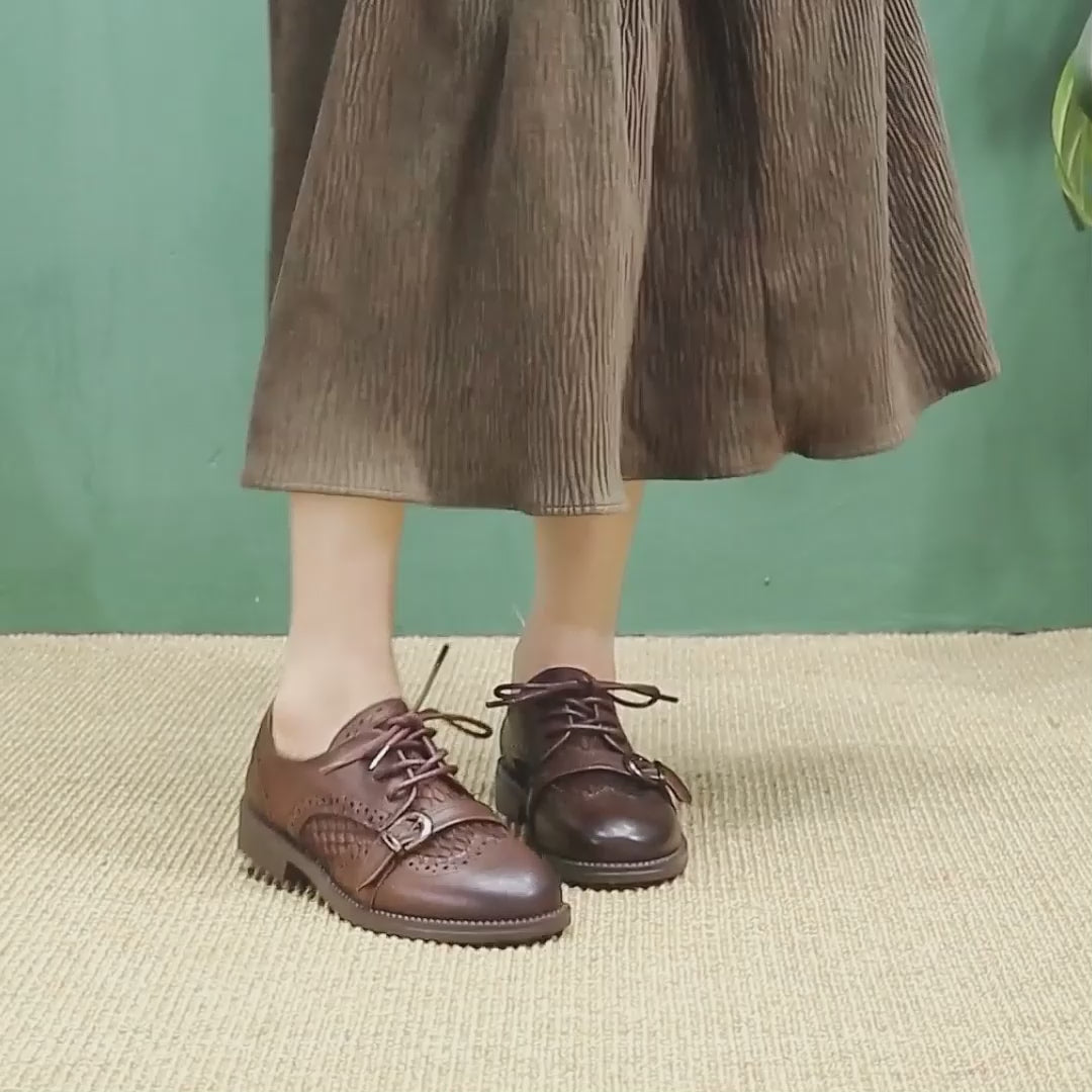 Chaussures Oxford respirantes en cuir brogue vintage à lacets et boucle décontractées en noir/marron