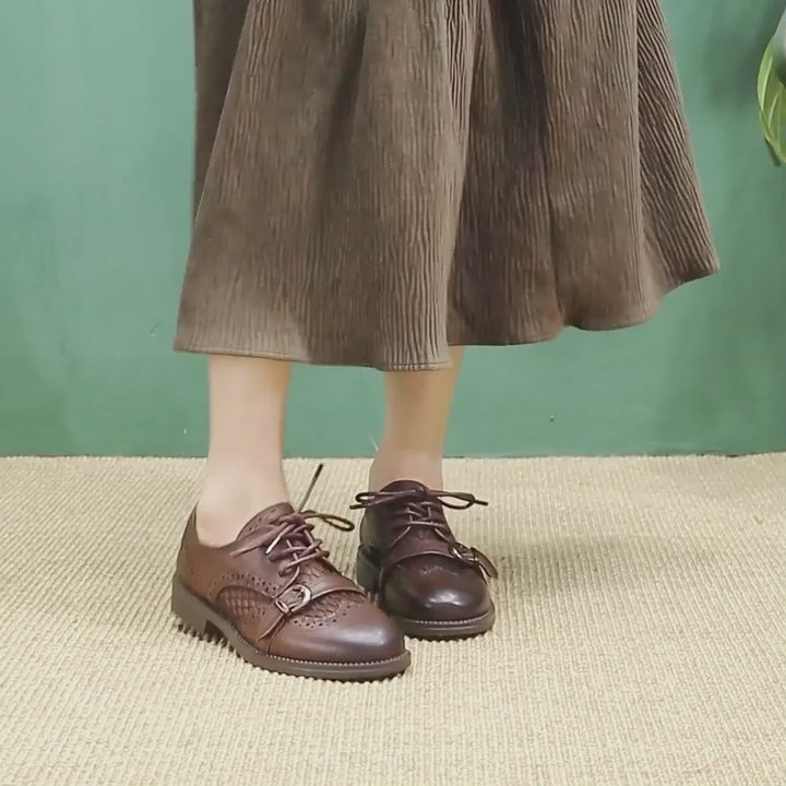 Chaussures Oxford respirantes en cuir brogue vintage à lacets et boucle décontractées en noir/marron