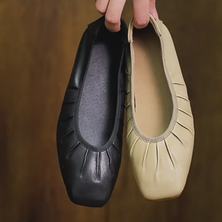 Square Toe Genuine Leather Flats -Slip On Casual Comfort Barefoot Shoes for Women in Black/Khaki