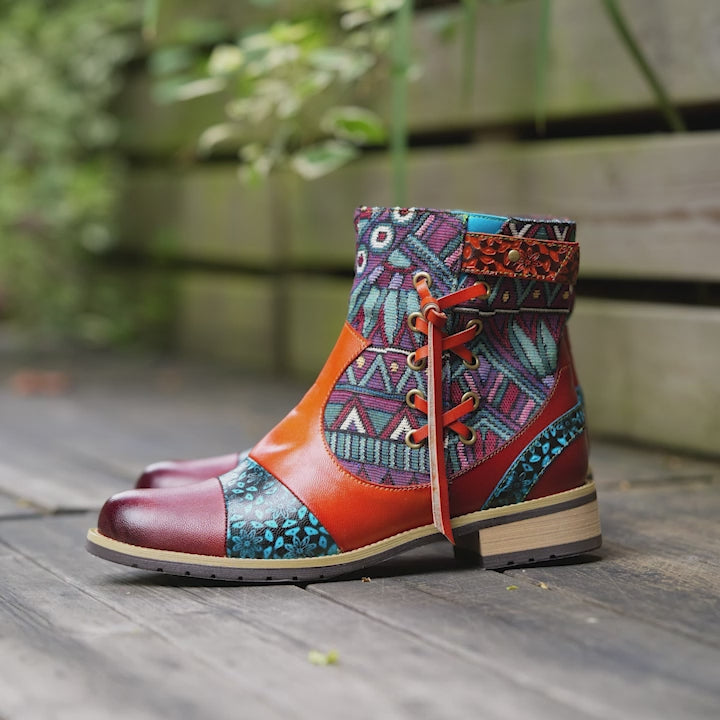 Bottes cheville en cuir fait main pour femmes, à fond en caoutchouc embossé de fleurs, antidérapantes, en marron