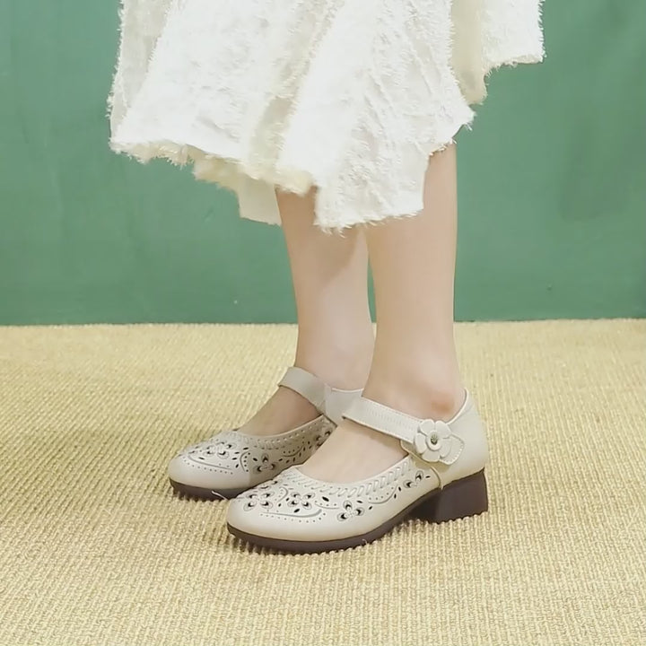 Retro Handmade Leather Brogue Perforated Mary Jane Shoes for Women in Beige/Brown