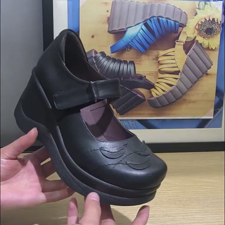 Chaussures à talon compensé Mary Jane décontractées rétro en cuir pleine fleur avec bande Velcro en noir de couleur personnalisée