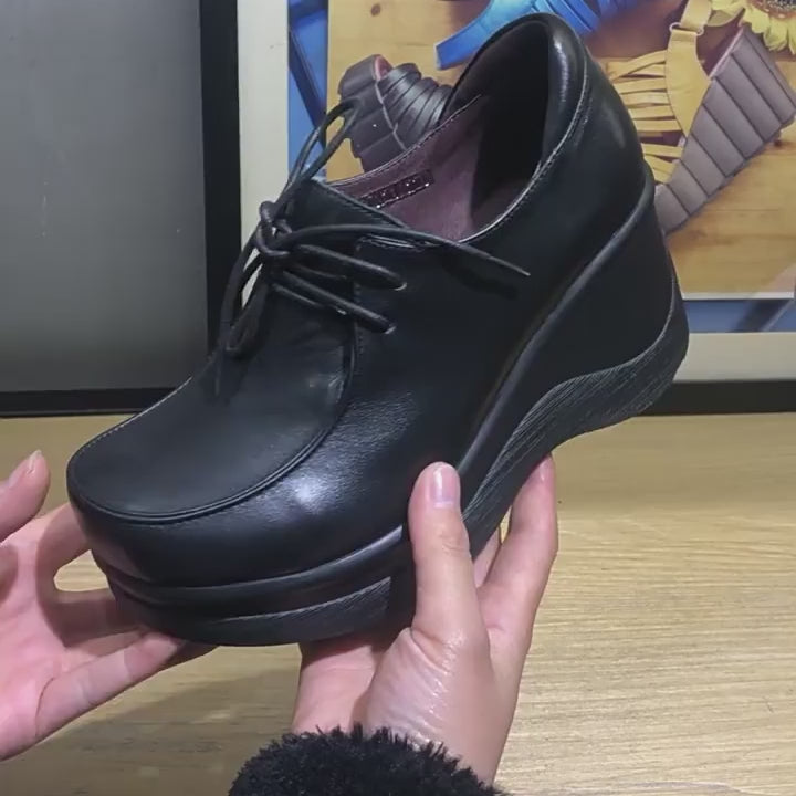 Chaussures à talon compensé en cuir faites main pour femmes, à lacets rétro, chaussures de marche décontractées en noir de couleur personnalisée