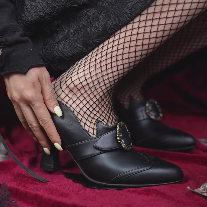 Handmade Gothic Witch Buckle Pumps for Women Vintage Pointed Toe Lolita Shoes in Black