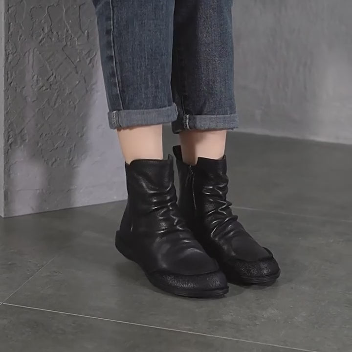 Wrinkled Leather Chelsea Boots For Women Soft Ankle Boots Retro Round Toe in Coffee/Black