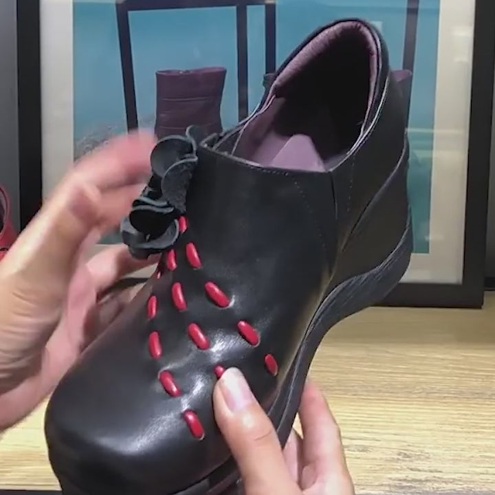 Mocassins en cuir floral à enfiler faits main pour femmes, plateforme à talon compensé, chaussures de transport en noir de couleur personnalisée