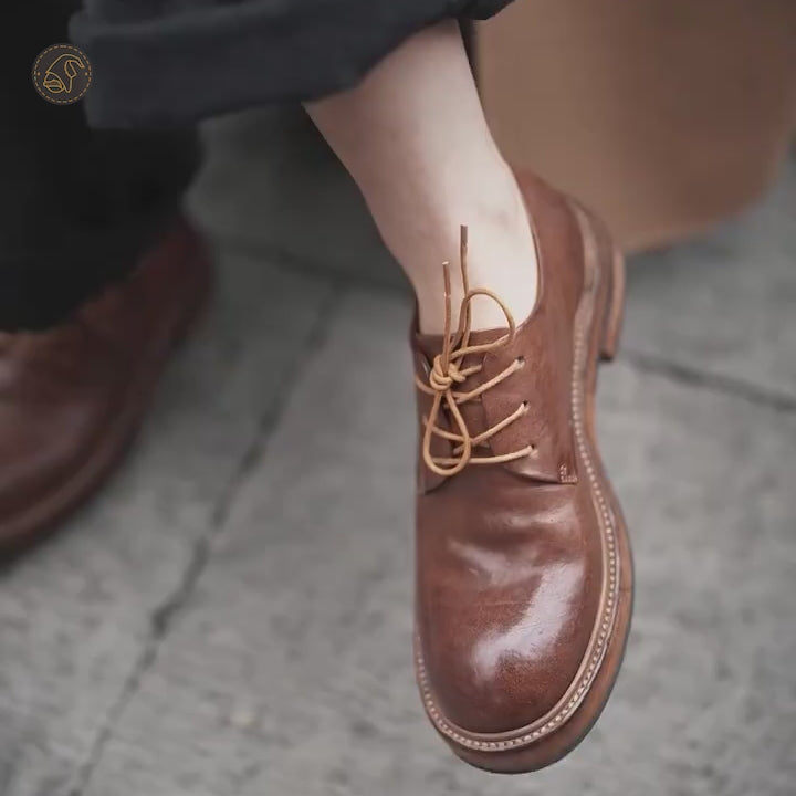 Chaussures Derby à Bout Rond pour Femmes en Cuir de Cheval Goodyear à Lacets en Marron/Noir/Vert