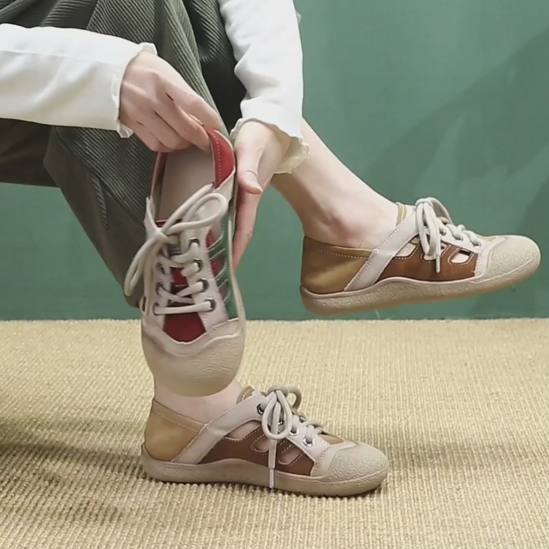 Mori Girl Retro Color-Block Sneakers Women’s Lace-Up Cut-Out Leather Casual Shoes in Caramel/Red Green