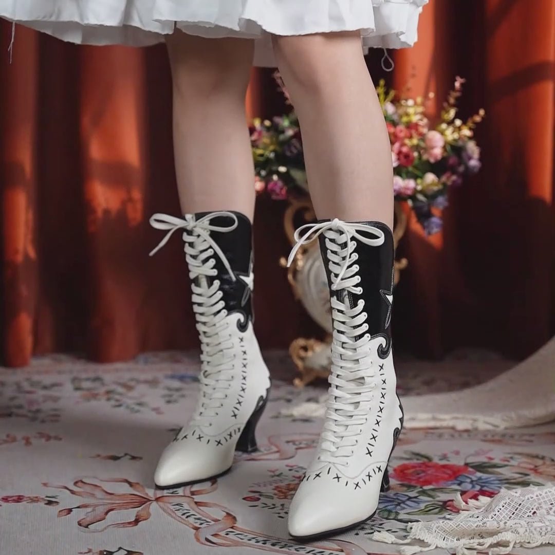 Handmade Victorian Lace-Up Mid Calf Boots Gothic Star Stitch Vintage Leather Boots for Women in Black and White