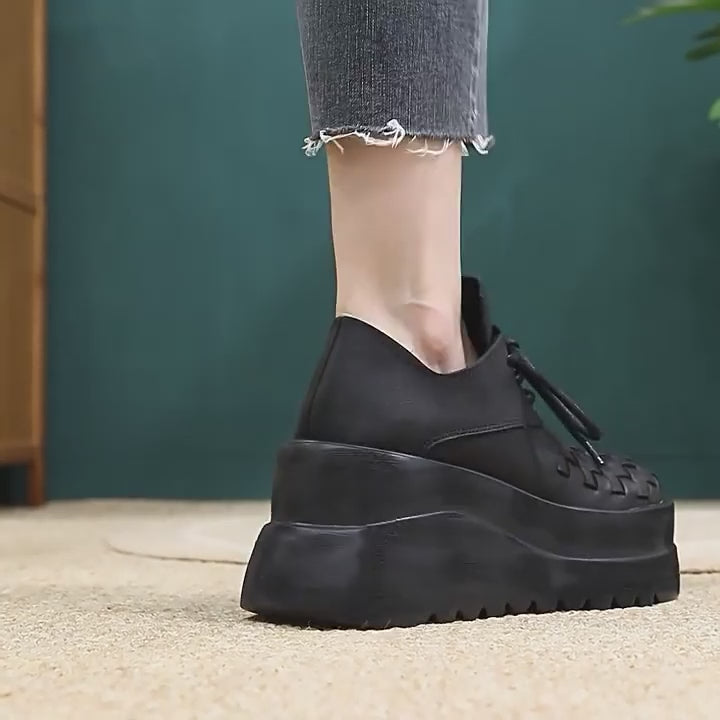 Vintage 90mm Leather Platform Lace Up Shoes For Women Big Round Toe in Green/Black