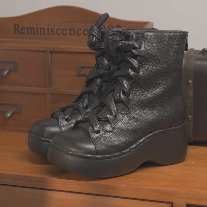 Custom Color Handmade Leather Wedge Short Boots for Women Retro Platform Boots in Black