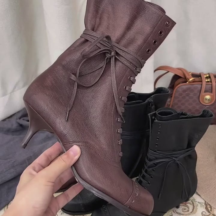 Vintage Boots Square Toe Lace Up Kitty Heel Women&