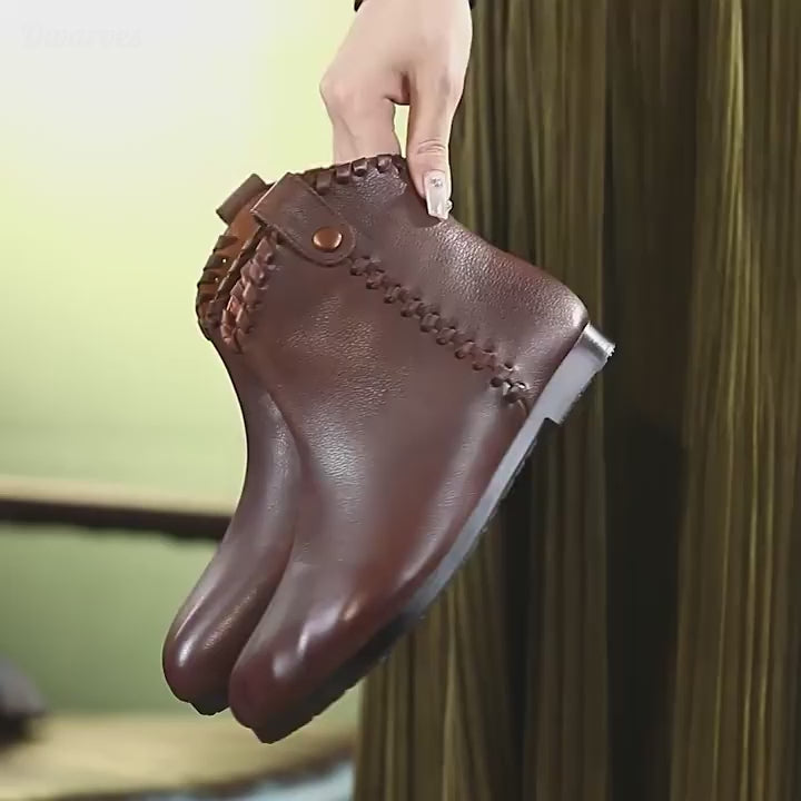 Bottines courtes en cuir souple fait main pour femmes avec détails de couture en noir/marron