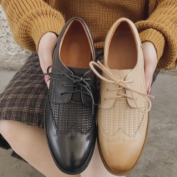 Brogues en cuir tissé Dwarves, chaussures Oxford et à lacets pour femmes, coupe normale en noir/beige/café