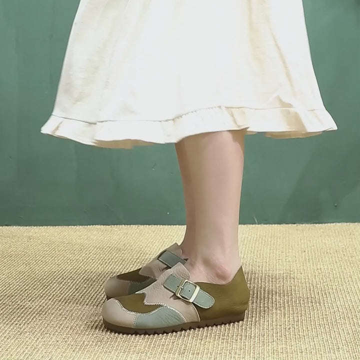 Mocassins en cuir patchwork Mori Girl rétro avec boucle pour femmes en beige/vert