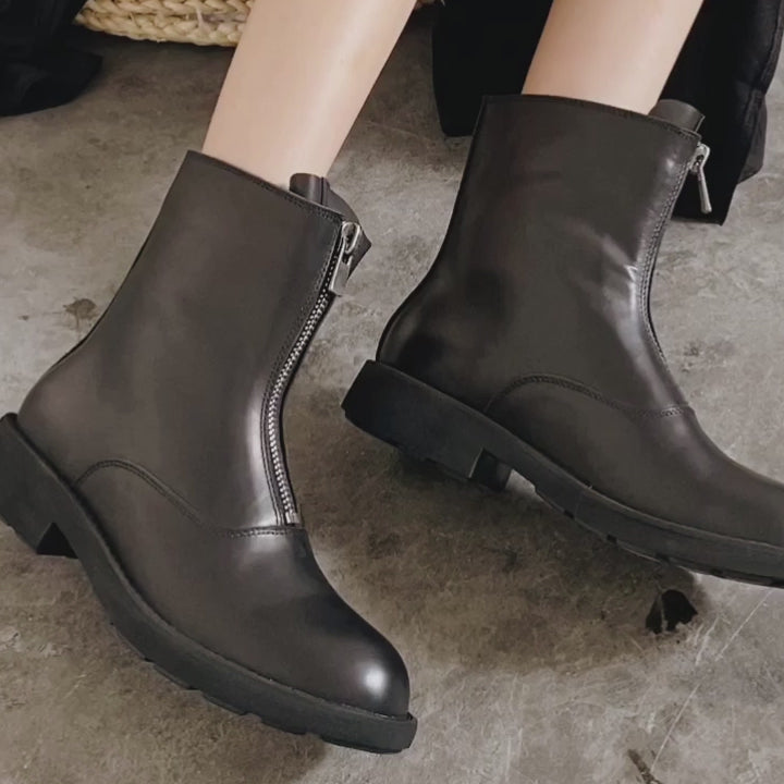 Dwarves Cowhide Chelsea Boots Handmade Front Zip Short Boots Black
