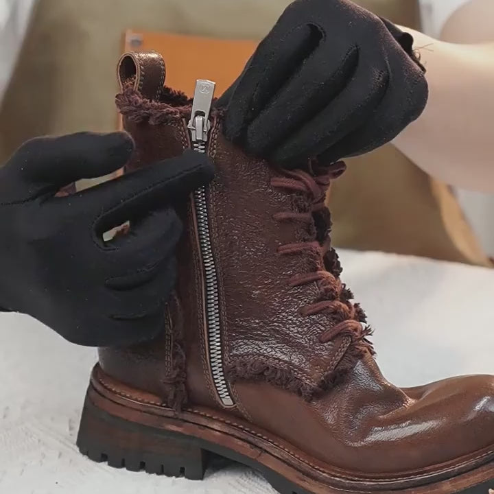Bottes en cuir de cheval à zip latéral pour femmes, bottes de cheville à la mode en noir/marron/gris foncé