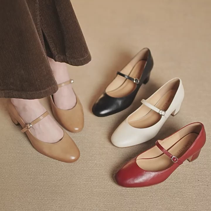 Pompes en cuir Mary Jane à talon bloc de 50 mm classiques pour un usage quotidien en rouge/beige/kaki/noir