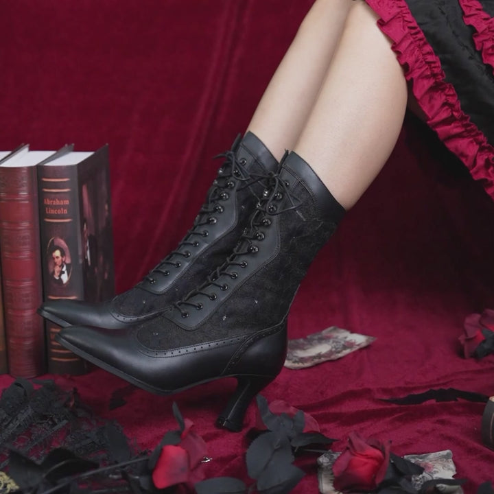 Bottes gothiques lolita à lacets victoriennes faites à la main pour femmes, talon bobine 65mm en noir