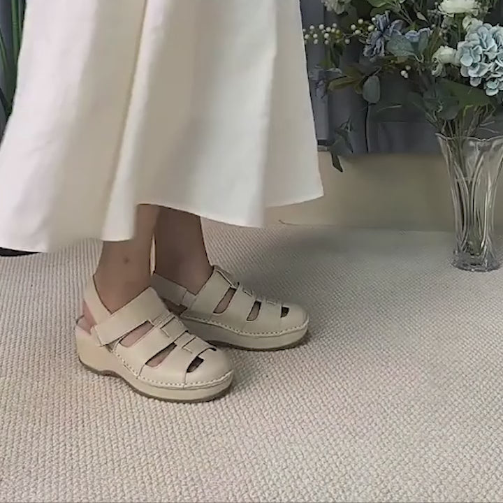 Retro Soft All Leather Woven Platform Gladiator Sandals In Beige/Gray/Black