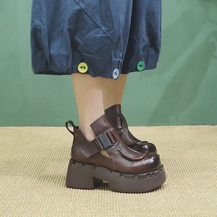Bottes en cuir à plateforme chunky faites à la main avec sangle à boucle en noir/café
