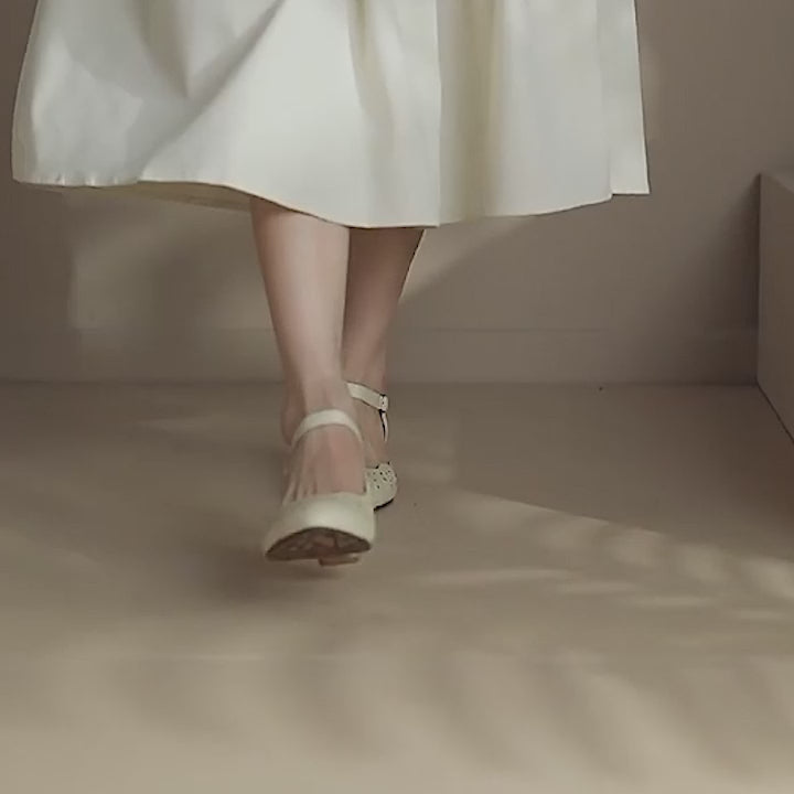 Bottines Mary Jane Découpées en Cuir Véritable à Talon Bloc en Beige/Bleu
