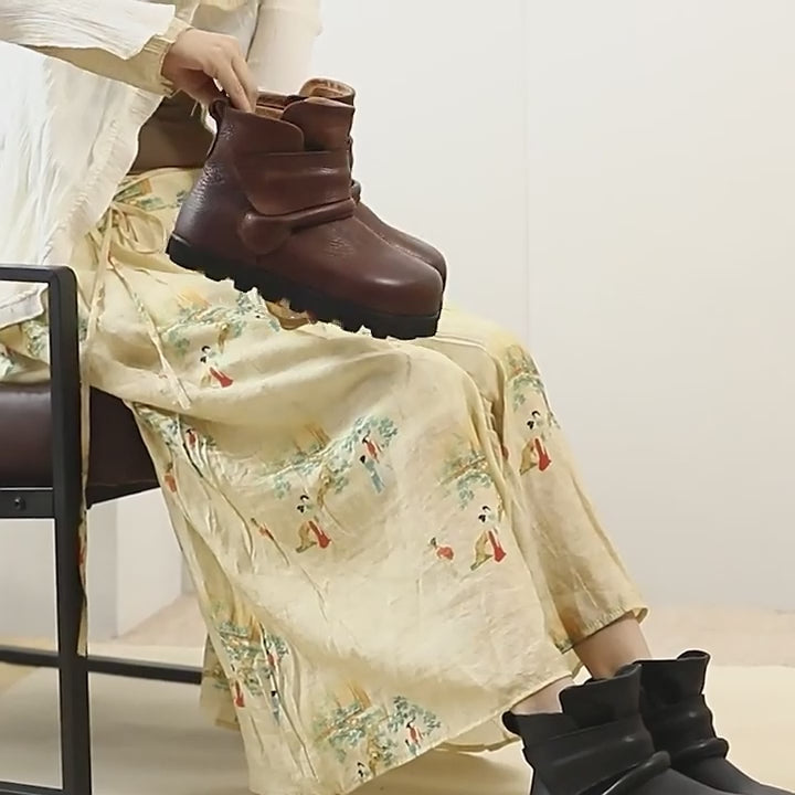 Bottes en cuir à bout large faites à la main pour femmes avec sangle de toucher en noir/marron