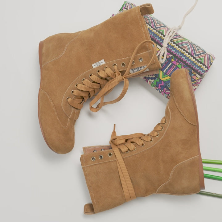 Vintage Mid High Heel Foldable Opening Cow Suede Lace-Up Boots with Internal Elevation in Yellow/Black/Green