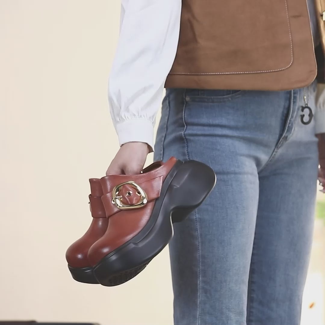 Sabots à boucle chunky pour femmes, plateformes en cuir avec talon bloc de 60 mm en noir/marron