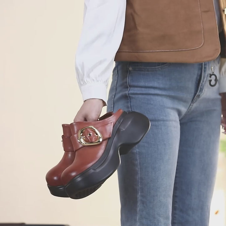 Sabots à boucle chunky pour femmes, plateformes en cuir avec talon bloc de 60 mm en noir/marron