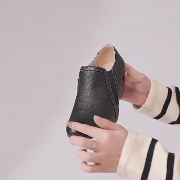여성용 가죽 부츠 라운드 토 블록 힐 앵클 부츠 핸드메이드 블랙/그레이