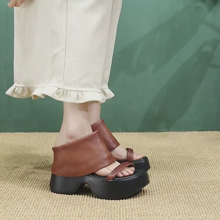 Sandales rétro en cuir ouvertes à bout pour femmes, plateforme épaisse pour l&