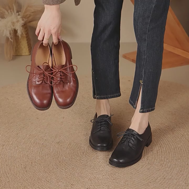 여성용 캡토 더비 슈즈 블록 힐 노멀핏 브라운/블랙