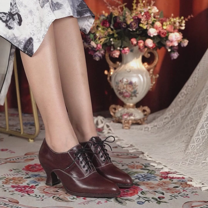Vintage Handmade Victorian Oxford Heels for Women Steampunk Leather 70mm Pumps in Coffee/Wine Red/Black