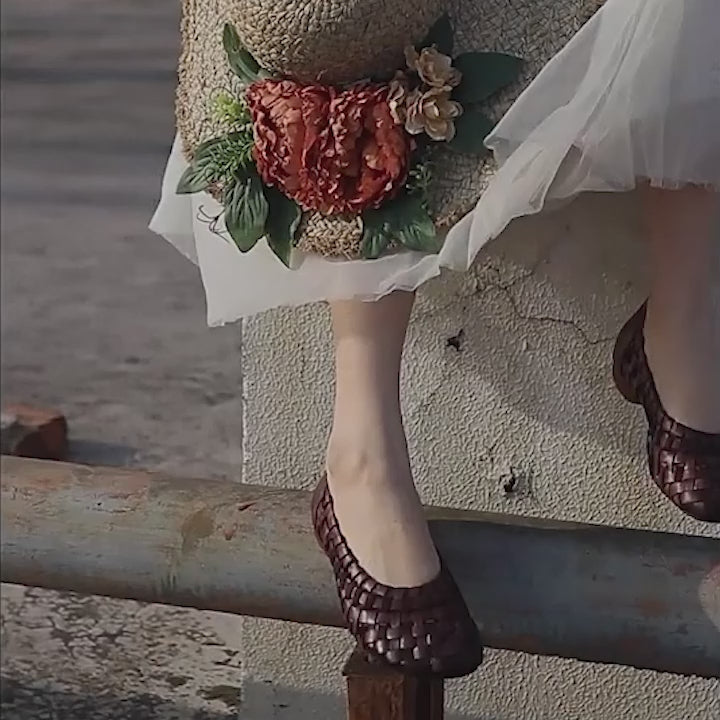 Leather Woven Flats Round Toe with Block Heel in Apricot/Coffee