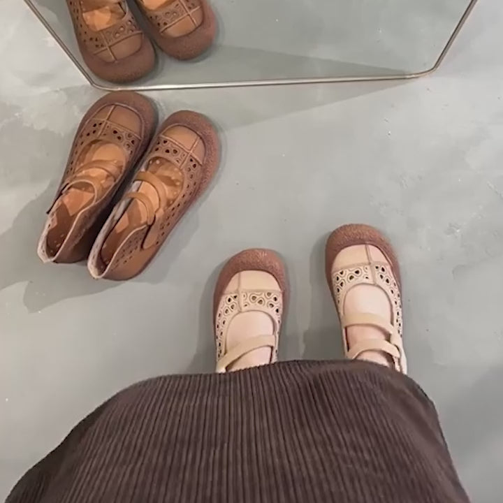 Vintage Summer Boots Sandals Hollowed Round Toe Velcro Ankle Leather Sandals