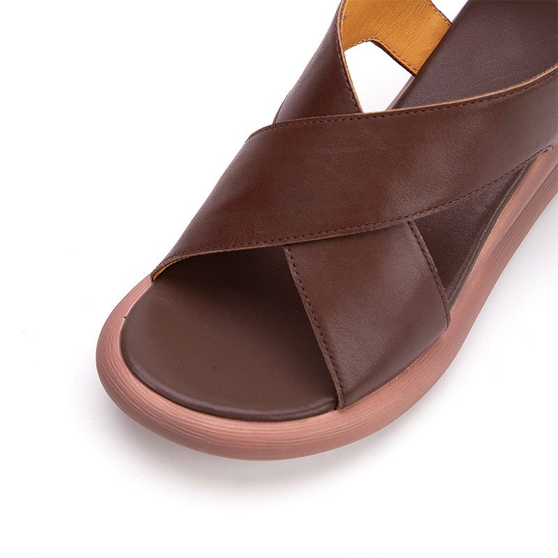 Sandales à plateforme ouvertes en cuir rétro faites à la main
