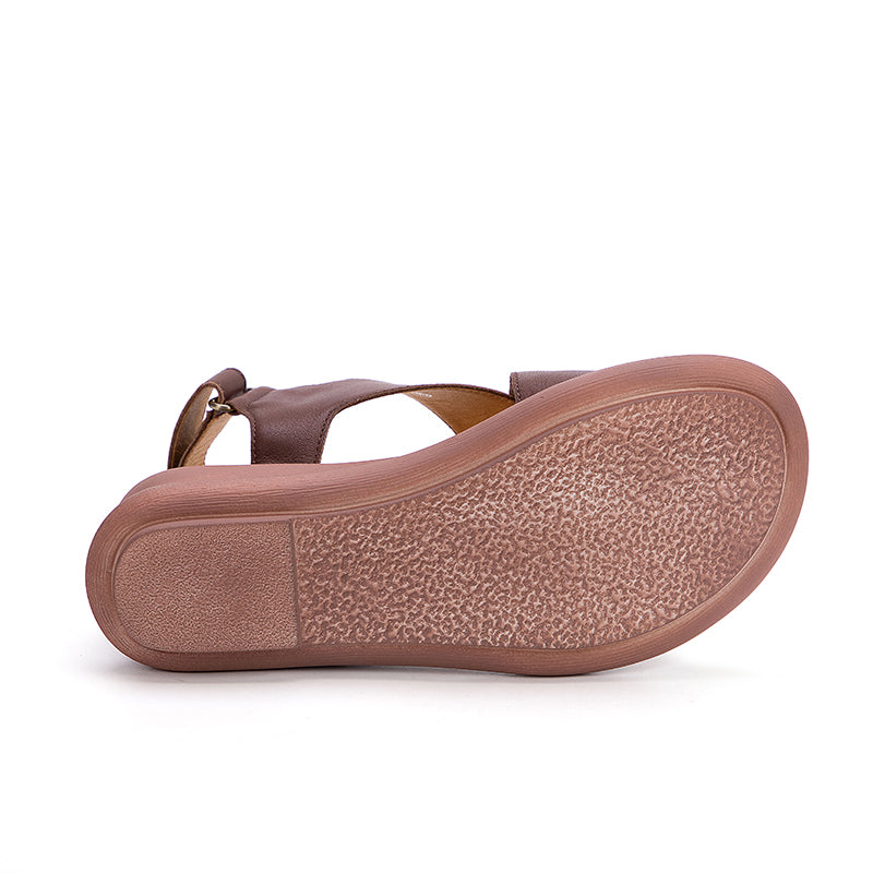 Sandales à talon compensé en cuir kaki/café, plateformes à lanières en X