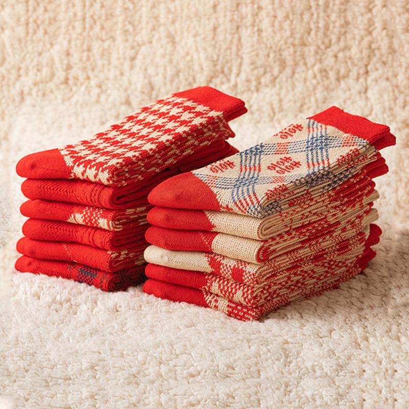 Chaussettes en coton rétro rouges, longueur mollet, série de cadeaux de Noël, 3 paires