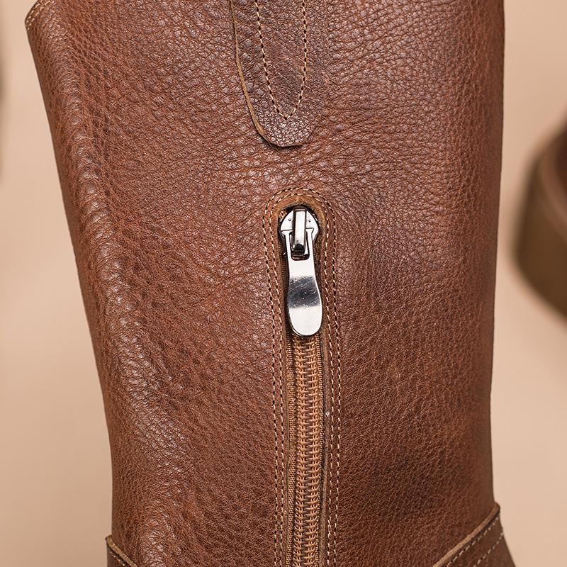 Bottes en cuir Dwarves mi-mollet, bottes de cowboy à talons hauts, bottes de randonnée rétro chunky faites à la main en peluche courte noire/marron