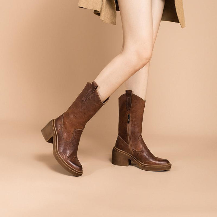 Bottes en cuir Dwarves mi-mollet, bottes de cowboy à talons hauts, bottes de randonnée rétro chunky faites à la main en peluche courte noire/marron