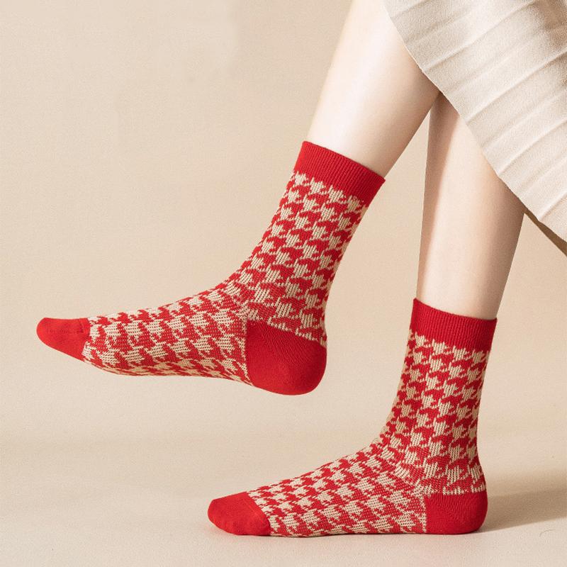 Chaussettes en coton rétro rouges, longueur mollet, série de cadeaux de Noël, 3 paires