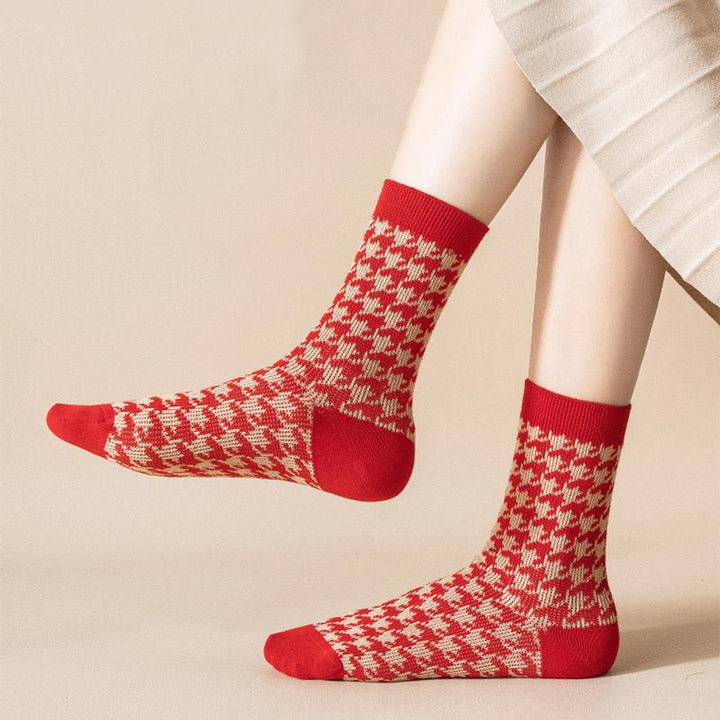 Chaussettes en coton rétro rouges, longueur mollet, série de cadeaux de Noël, 3 paires