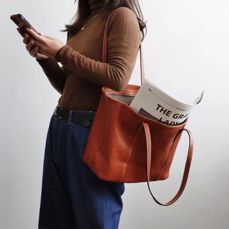 Sac à main en cuir de vachette rétro grande capacité pour femmes