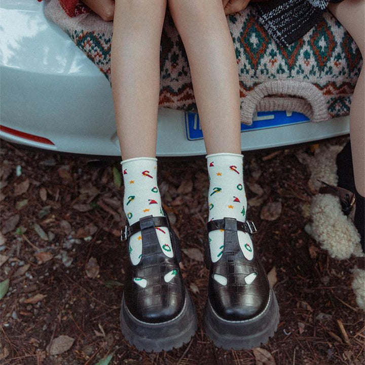 Chaussettes en coton rétro arbre de Noël, longueur mollet, série de cadeaux mignons, 4 paires