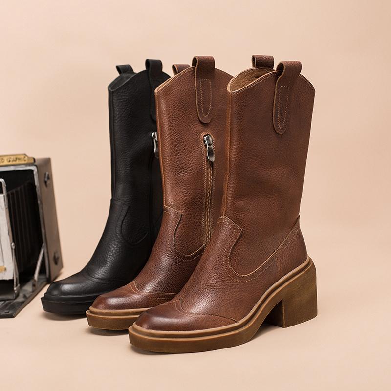 Bottes en cuir Dwarves mi-mollet, bottes de cowboy à talons hauts, bottes de randonnée rétro chunky faites à la main en peluche courte noire/marron