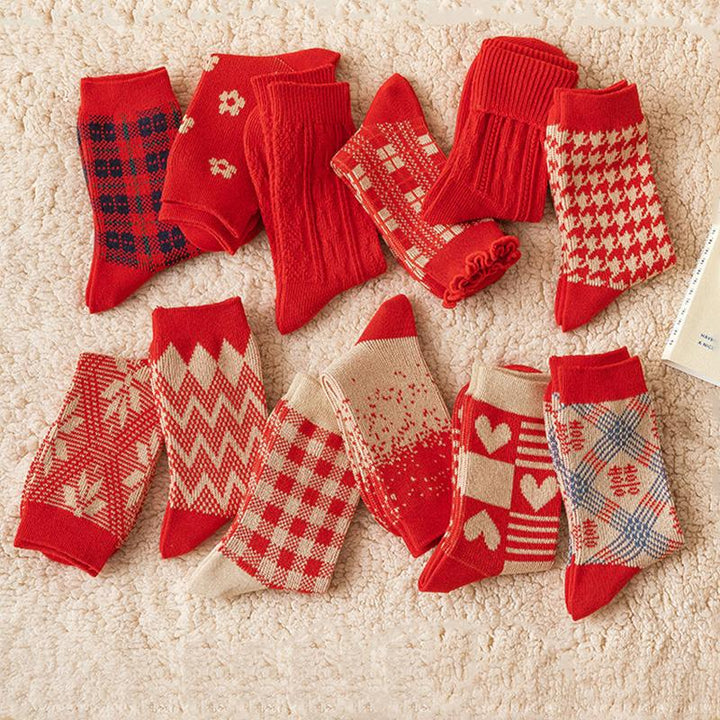 Chaussettes en coton rétro rouges, longueur mollet, série de cadeaux de Noël, 3 paires