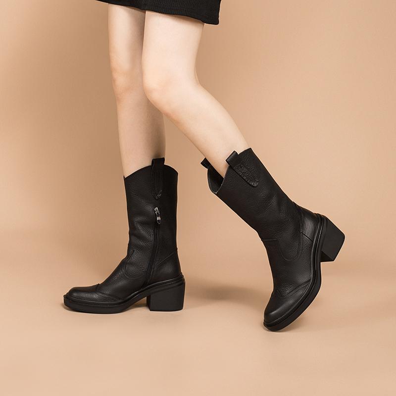 Bottes en cuir Dwarves mi-mollet, bottes de cowboy à talons hauts, bottes de randonnée rétro chunky faites à la main en peluche courte noire/marron